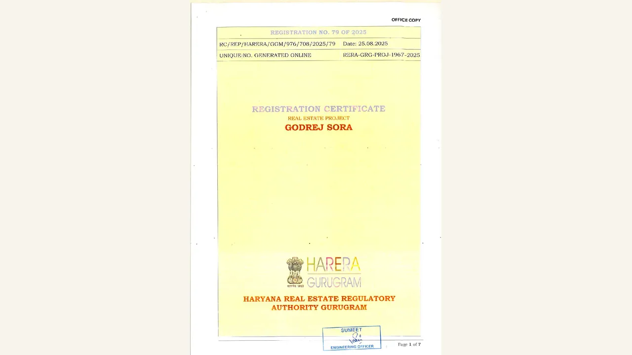 Eight-page HRERA registration certificate visibly identifies GODREJ SORA, RERA-GRG-1967-2025, Godrej Properties Limited and the GH-21/Sector 53 registration scope.