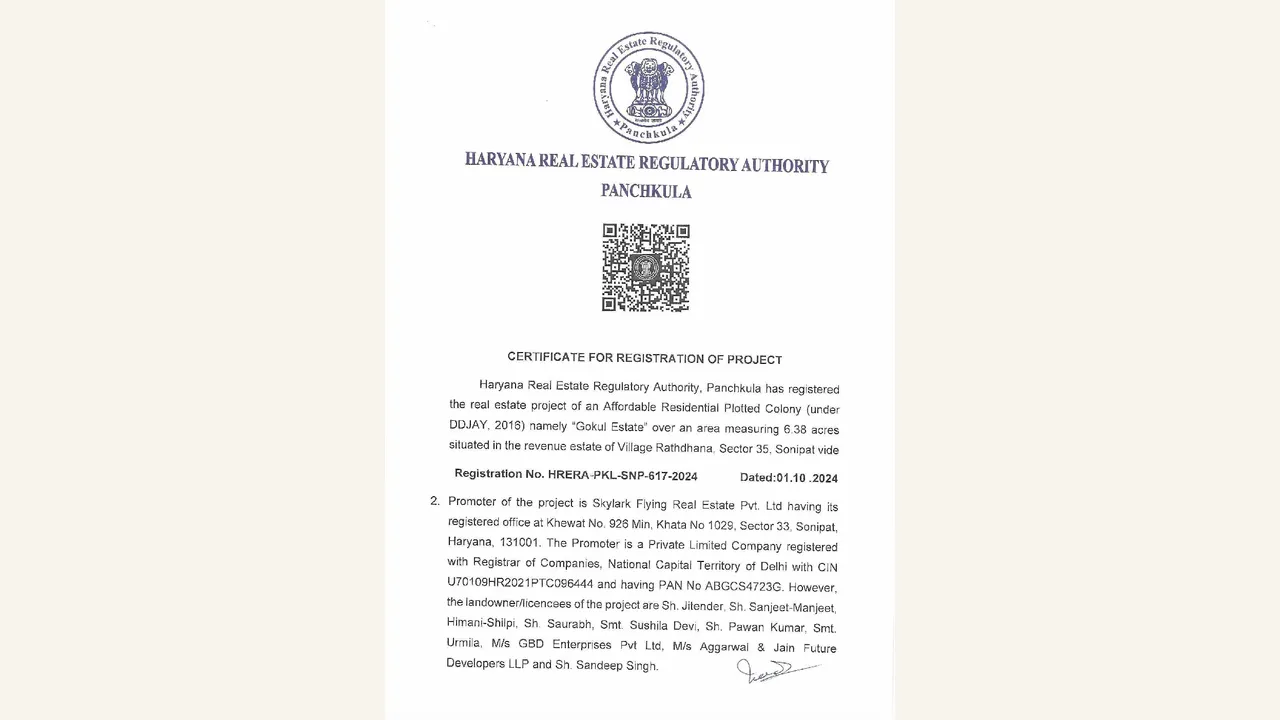 Haryana RERA registration certificate for Gokul Estate