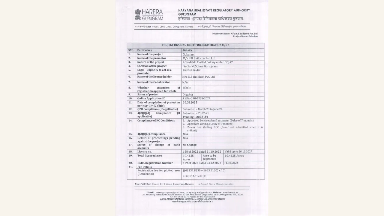 Six rendered pages show the 30-Sep-2024 HRERA examination/site-visit deficiency order for Gokulam/NB Buildcon. The pages concern the Affordable Plotted Colony under DDJAY at Sector-7 Sohna and record the extension filing, ongoing status, completion-date context, QPR/4(2)(l)(d) submissions and outstanding service-plan/zoning and power-line-shifting NOC deficiencies later addressed in the approval proceeding.