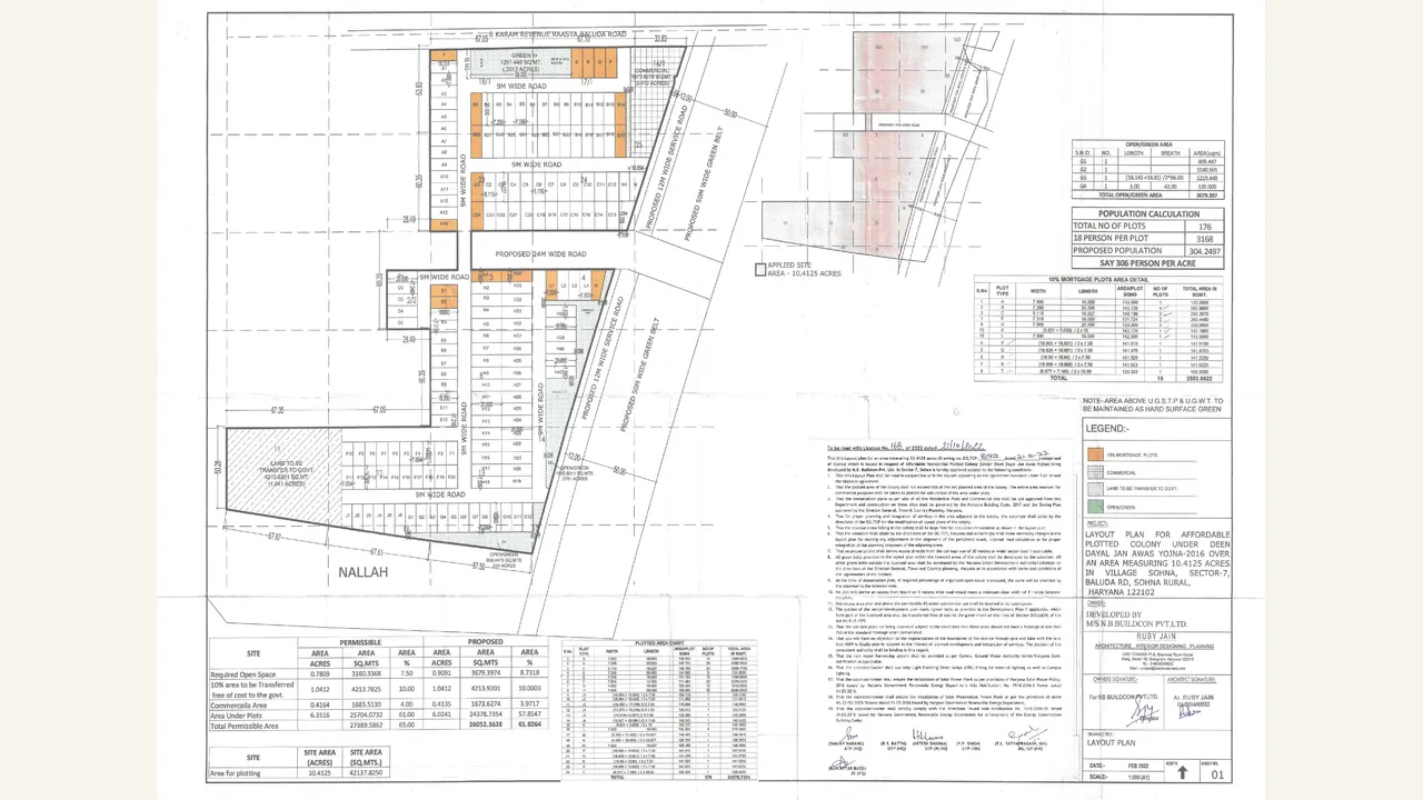 Parent-scope: Plotted Colony Layout Plan. The rendered sheet is a plotted-colony layout plan with roads, plots and green/service areas; it is not a roads-and-pavement-only plan.