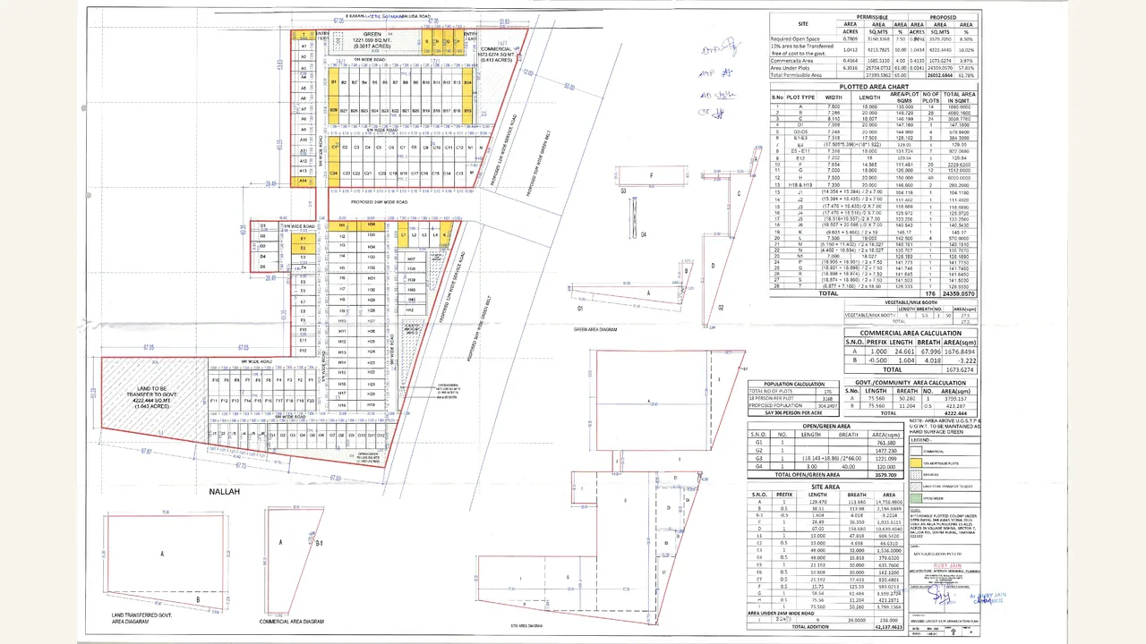 Parent-scope: Revised Layout Cum Demarcation Plan. The rendered sheet is a revised layout-cum-demarcation plan showing plotted parcels, roads and green/service areas; it is not a FAR-details schedule.