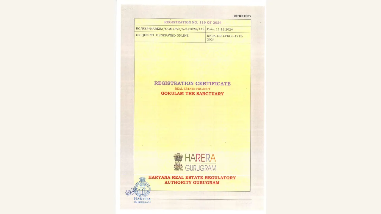 HRERA Registration Certificate. Eight rendered pages visibly contain Registration Certificate No. 119 of 2024 for Gokulam The Sanctuary, RERA-GRG-PROJ-1715-2024, NB Buildcon, Sector 7 Sohna, licensed area 10.4125 acres and registration area 1.2616…