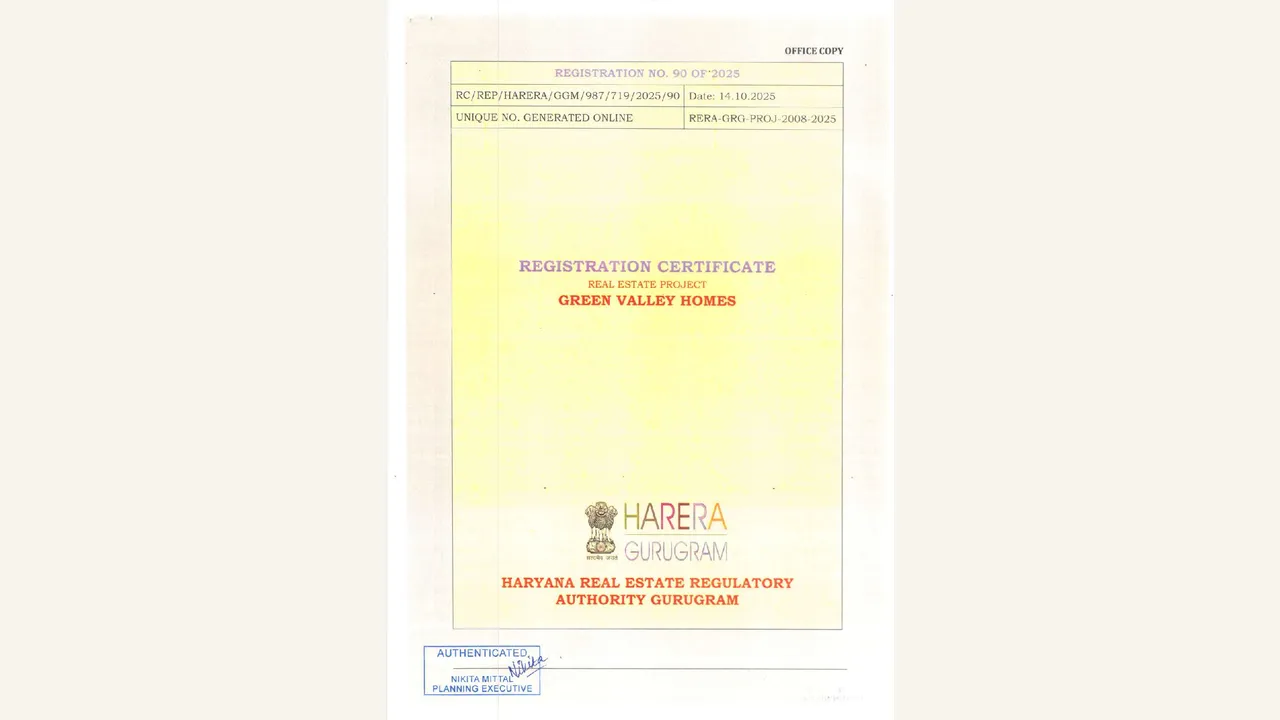 The eight rendered pages are the authenticated registration certificate for GREEN VALLEY HOMES, Registration No. 90 of 2025, RC/REP/HARERA/GGM/987/719/2025/90, unique RERA-GRG-PROJ-2008-2025.