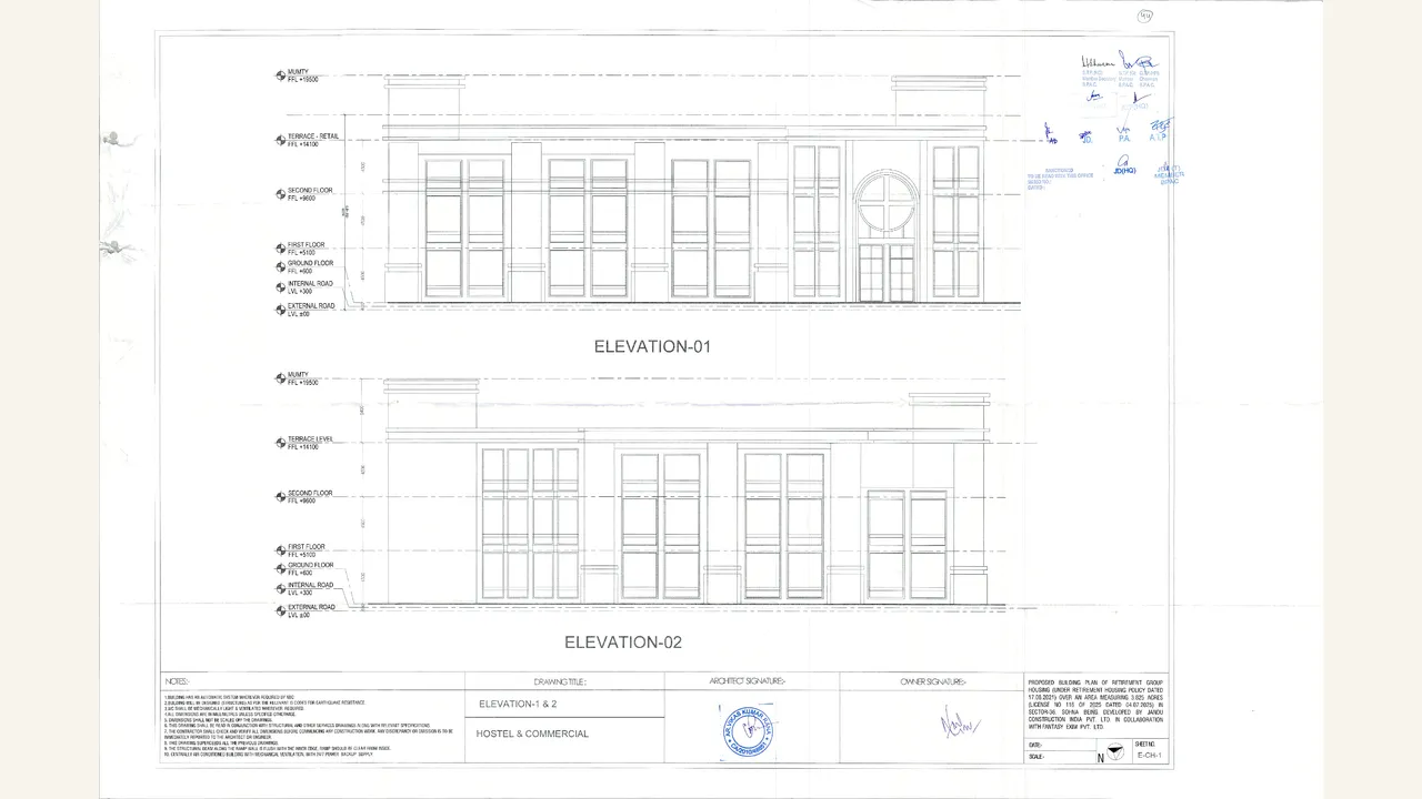 Hostel and commercial elevation drawing for J 36
