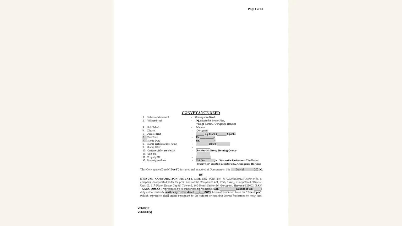 Krisumi Waterside Residences — The Forest Reserve-II: Phase 6 conveyance deed