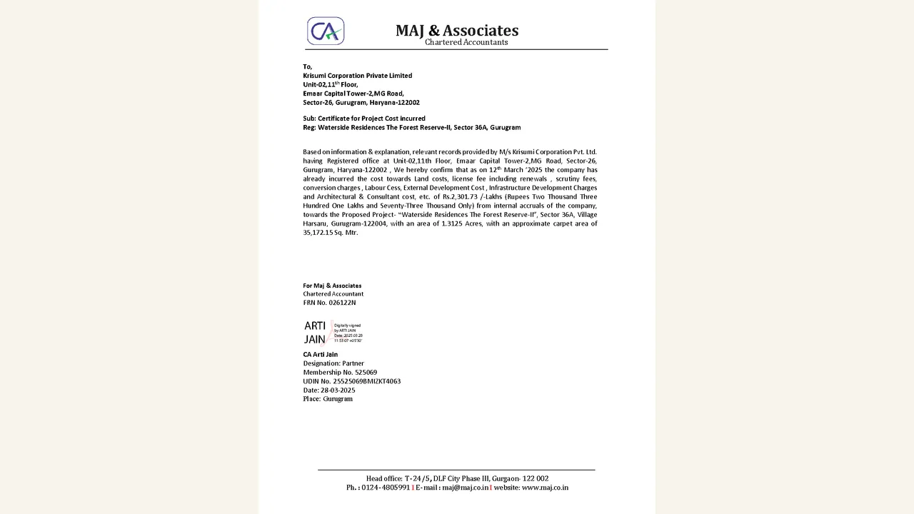 Krisumi Waterside Residences — The Forest Reserve-II: project cost incurred certificate