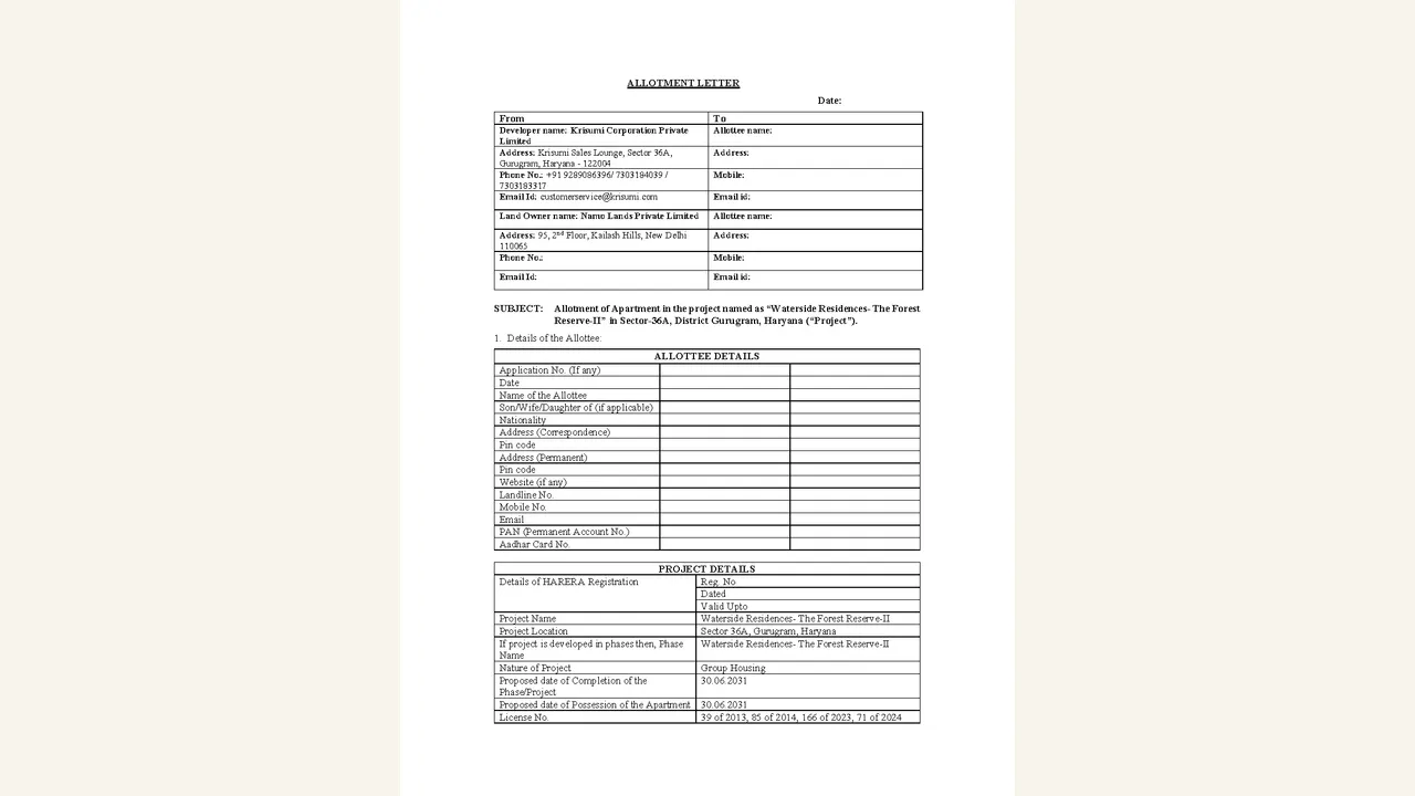 Krisumi Waterside Residences — The Forest Reserve-II: Phase 6 allotment letter