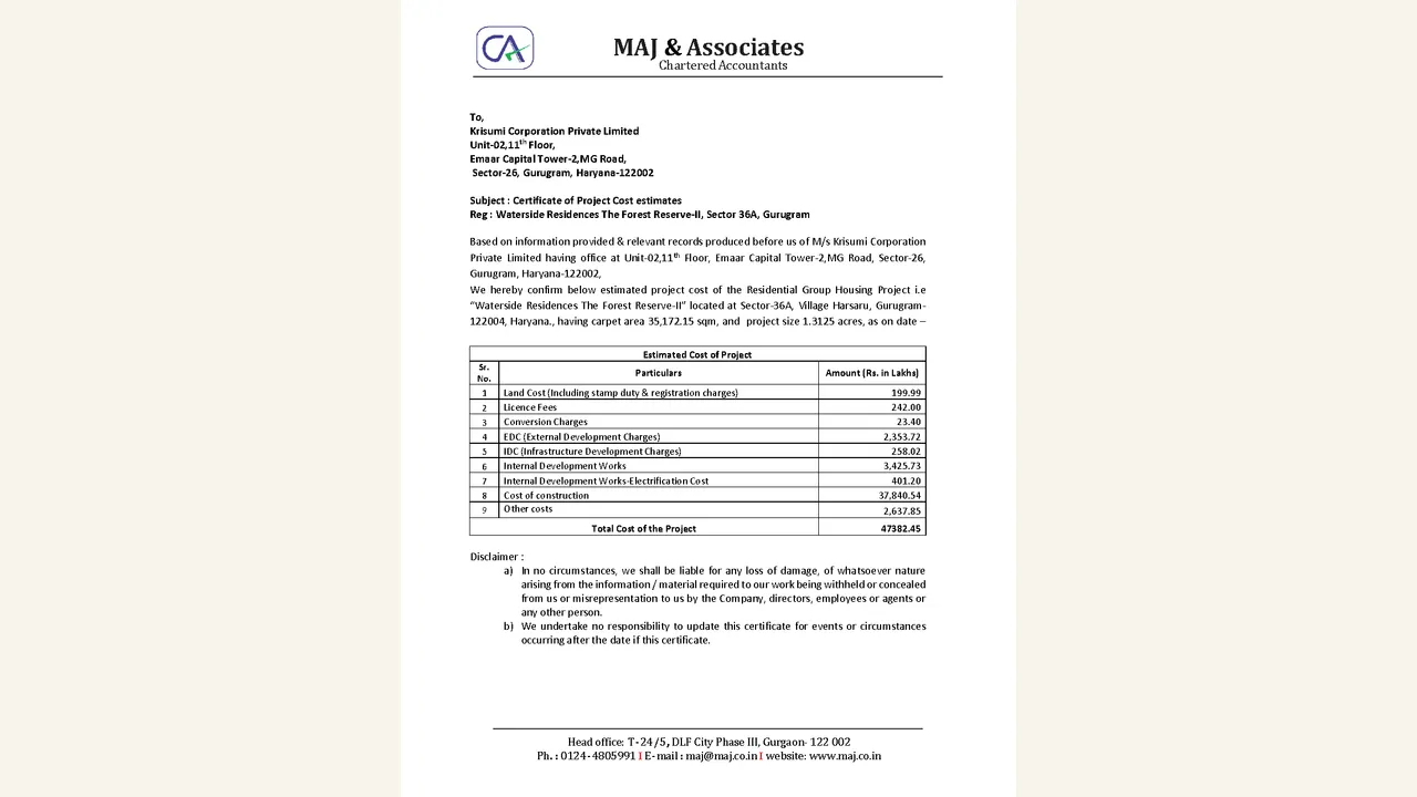 Krisumi Waterside Residences — The Forest Reserve: project cost-estimate certificate