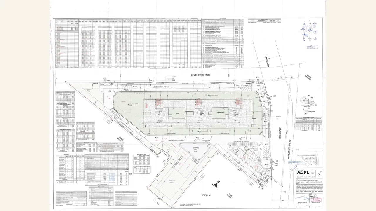 Rendered 1 page(s) visibly show approved group-housing site plan material. Levante Residences / SV Infra Management Solutions and the Dhanwapur/Sector 104 mixed-land-use registration context are visible in the project packet.