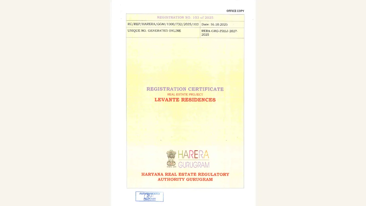 Rendered eight-page HARERA Gurugram registration certificate visibly identifies Levante Residences, RERA-GRG-2027-2025, the 4.65625-acre mixed-land-use registration and SV Infra Management Solutions promoter details.
