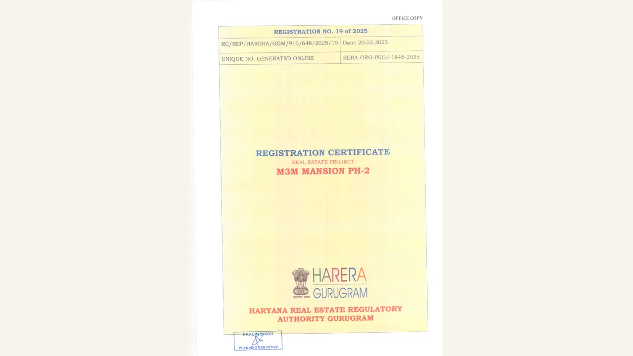 M3M Mansion Ph-2 registration certificate for M3M MANSION PH-2
