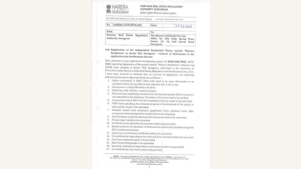 MAESTRO RESIDENCES: HRERA deficiency notice