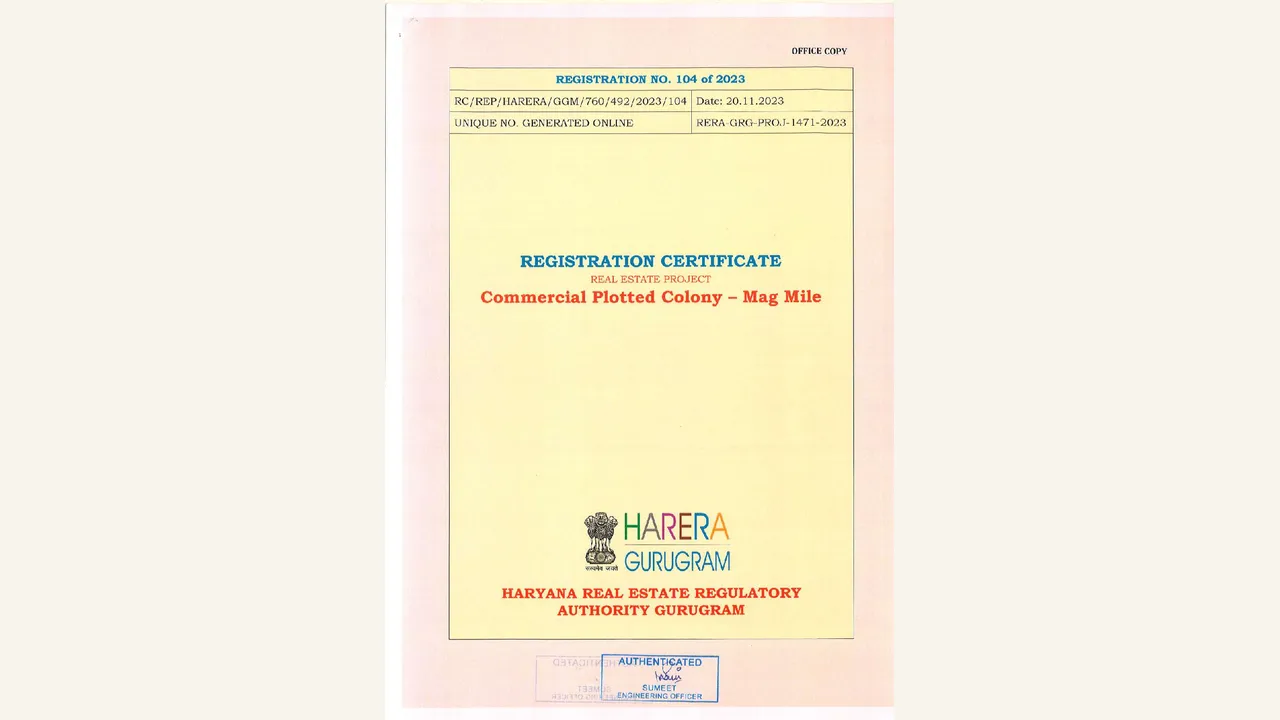 COMMERCIAL PLOTTED COLONY - MAG MILE hrera registration certificate shown in the completed visual audit