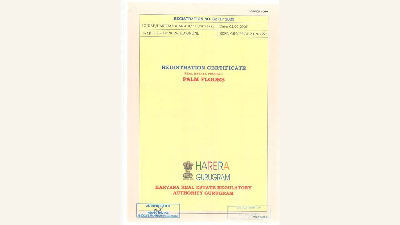 The eight rendered certificate pages visibly name PALM FLOORS, GGM/979/711/2025/82, RERA-GRG-2019-2025, VK \u0026 SONS INFRATECH PVT LTD and the Pataudi residential registration.