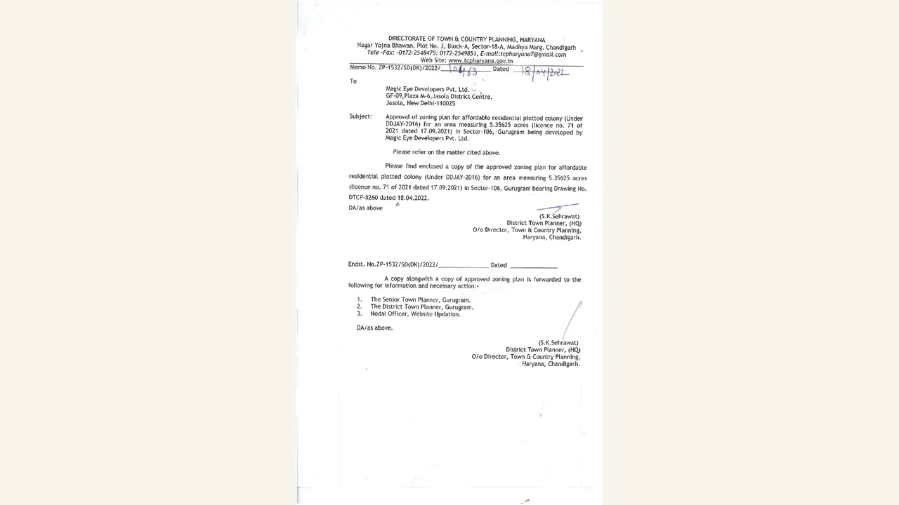 PLAZA 106 DDJAY: Approved zoning plan — Plaza 106 DDJAY. The two rendered pages contain a DTCP approval letter and zoning sheet for Magic Eye Developers' affordable residential plotted colony under DDJAY, 5.35625 acres in Sector 106, Gurugram.