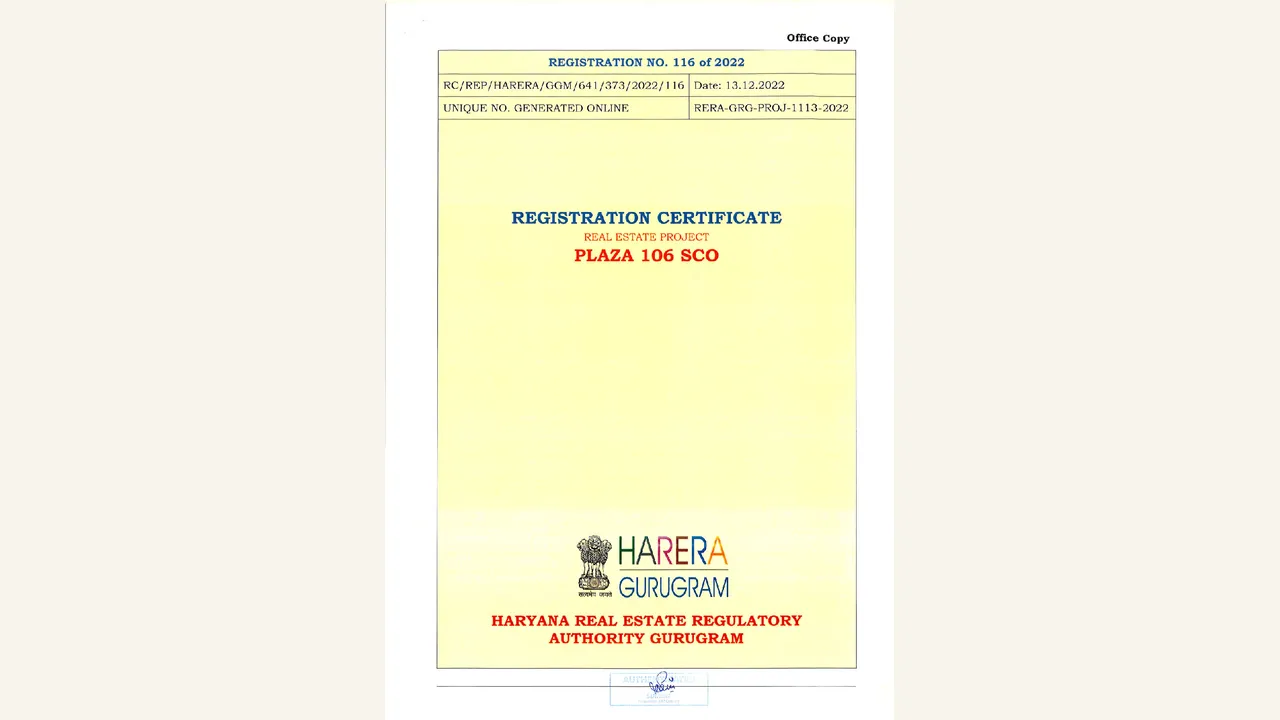 Registration certificate for Plaza 106 SCO