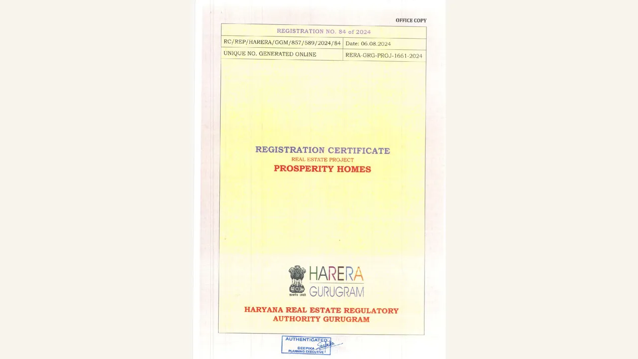 HRERA registration certificate visually verified for PROSPERITY HOMES