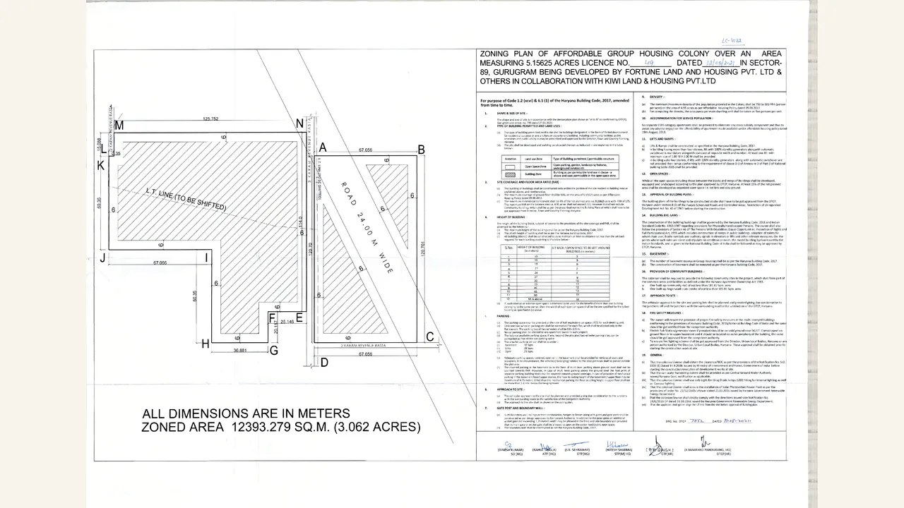 RAMA HOMES: Demarcation and zoning plan — Rama Homes. Rendered plan shows the demarcated affordable group-housing colony boundary and area schedule.