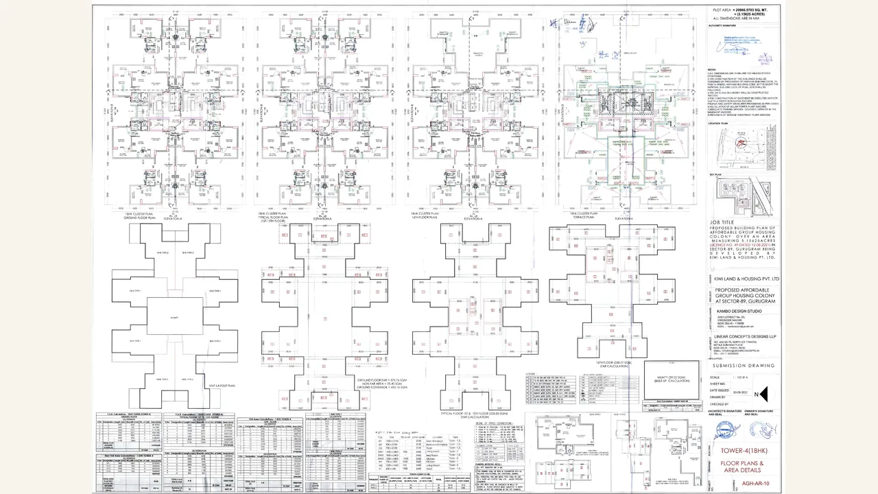 RAMA HOMES: Tower 1 floor plans and area schedules — Rama Homes. Rendered sheet presents tower 1 floor-plan layouts with area schedules.