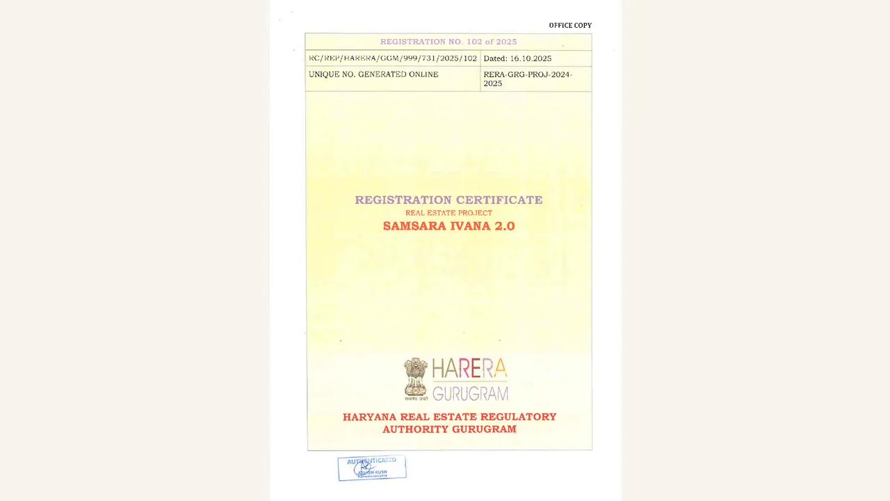 The rendered eight-page certificate is headed REGISTRATION CERTIFICATE — SAMSARA IVANA 2.0 and identifies Registration No. 102 of 2025, RC/REP/HARERA/GGM/999/731/2025/102 dated 16.10.2025, RERA-GRG-PROJ-2024-2025 and the project’s registration conditions.