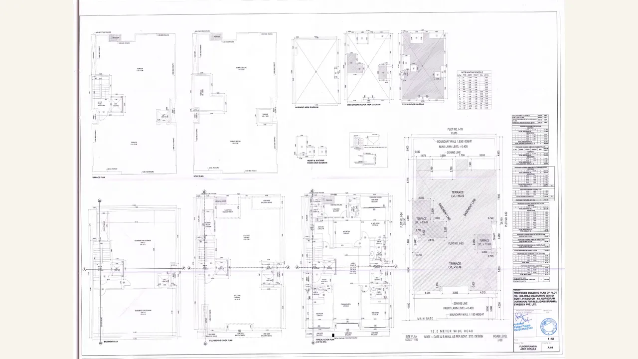 The rendered 2 page(s) show plot-specific architectural plans, elevations and sections for I-83 in Sector 63, Gurugram, with residential-floor layouts, dimensions, schedules and authority/architect title blocks visible.