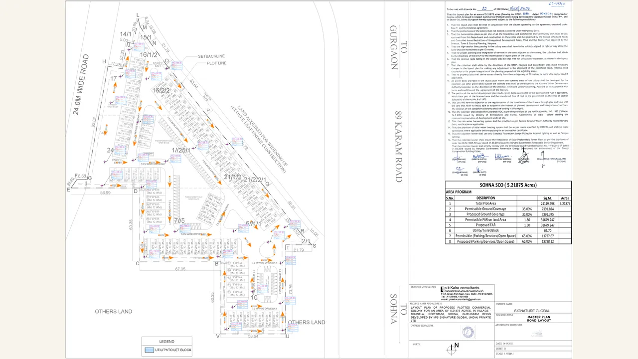 SIGNATURE GLOBAL SCO 36 SOHNA: Road-layout infrastructure plan — Signature Global SCO 36 Sohna. The one-page rendered sheet is the target project's road-layout/infrastructure plan.
