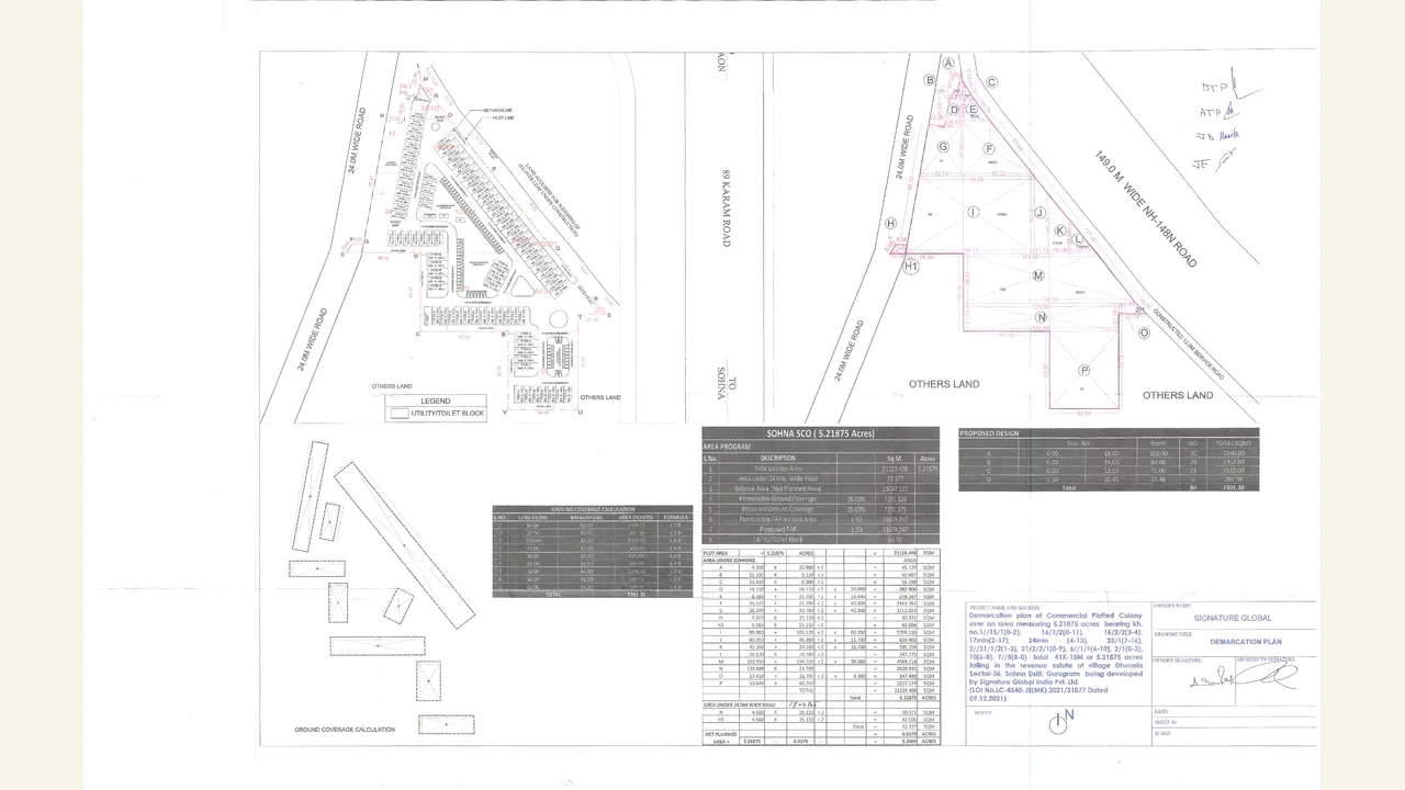 SIGNATURE GLOBAL SCO 36 SOHNA: Demarcation plan — Signature Global SCO 36 Sohna. The rendered demarcation sheet visibly belongs to the target commercial plotted-colony filing.