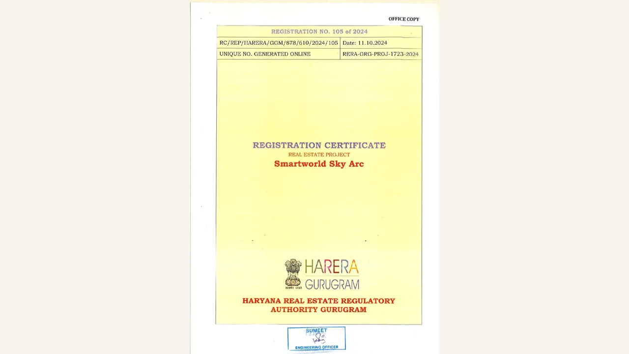 HRERA Registration Certificate. Eight-page HRERA Gurugram registration certificate visibly names Smartworld Sky Arc, Riverday Infrastructure Private Limited and the RERA registration/approval details.