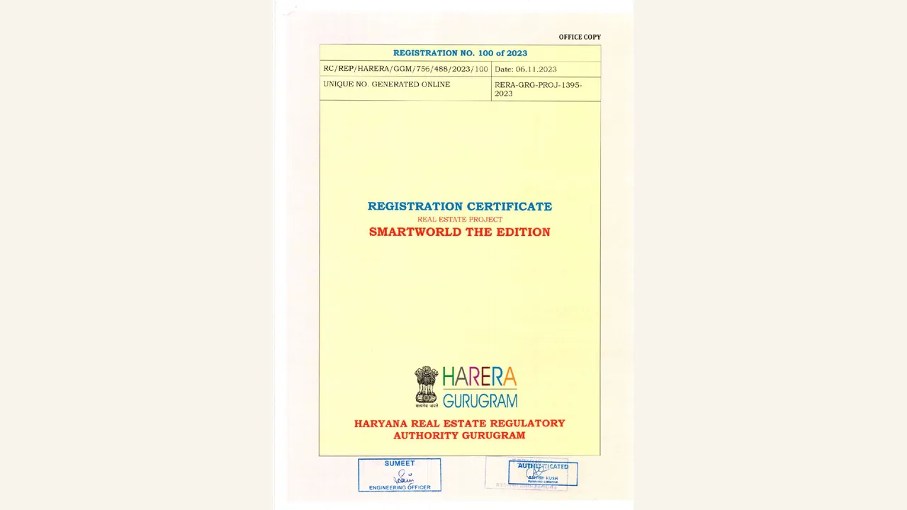 Smartworld The Edition haryana rera registration certificate shown in the completed visual audit