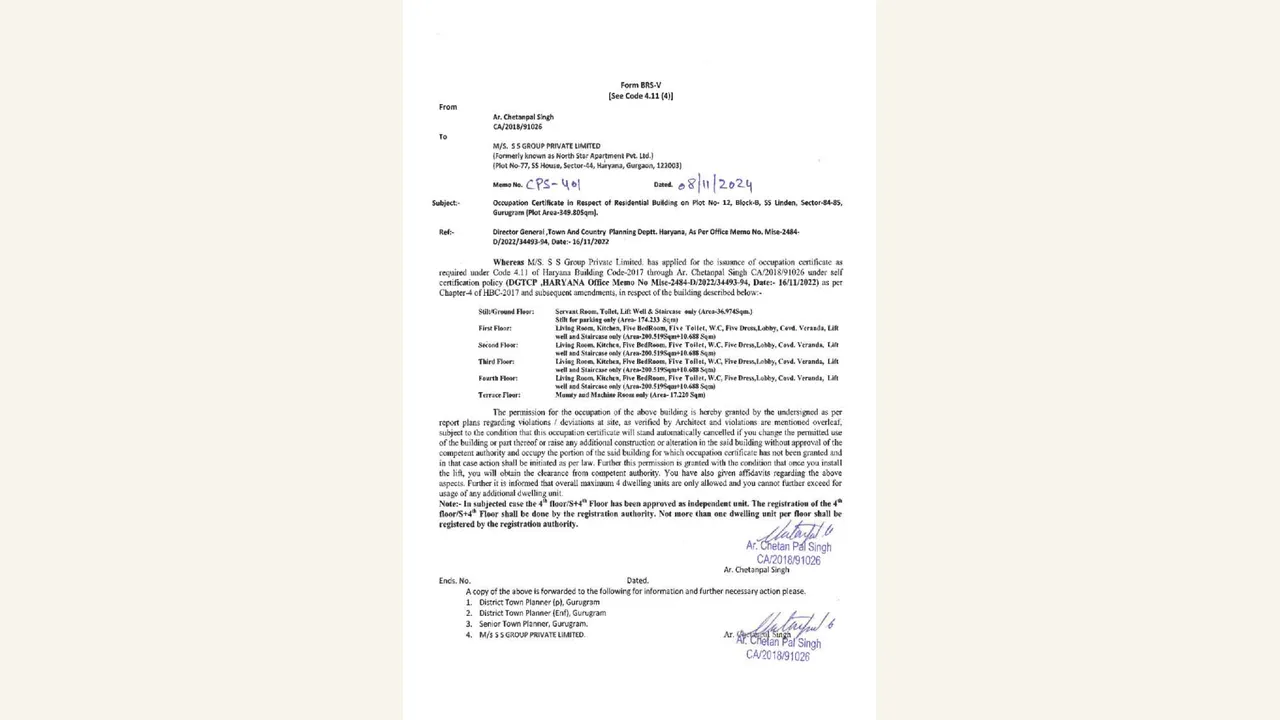 Filed occupation-certificate packet associated with SS Linden Floors III plots