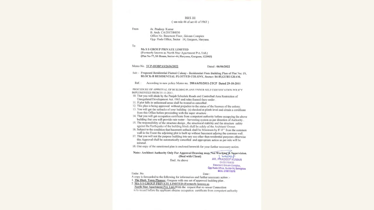BRS III; PROPOSED RESIDENTIAL PLOTTED COLONY — RESIDENTIAL PLOTS BUILDING PLAN; PLOT NO. 19 / BLOCK-B; SECTOR 84–85, GURUGRAM for SS LINDEN RESIDENTIAL FLOORS - II / SS Linden Floors Phase-II; SS GROUP PRIVATE LIMITED; Block-B, Sector 84–85, Gurugram