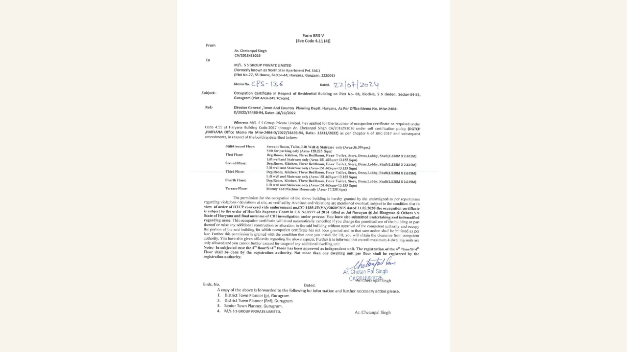 Form BRS-V — Occupation Certificate in respect of Residential Building on SS Linden Block-B for SS GROUP PRIVATE LIMITED (formerly North Star Apartment Pvt. Ltd.); SS Linden Block-B; Sector 84–85, Gurugram