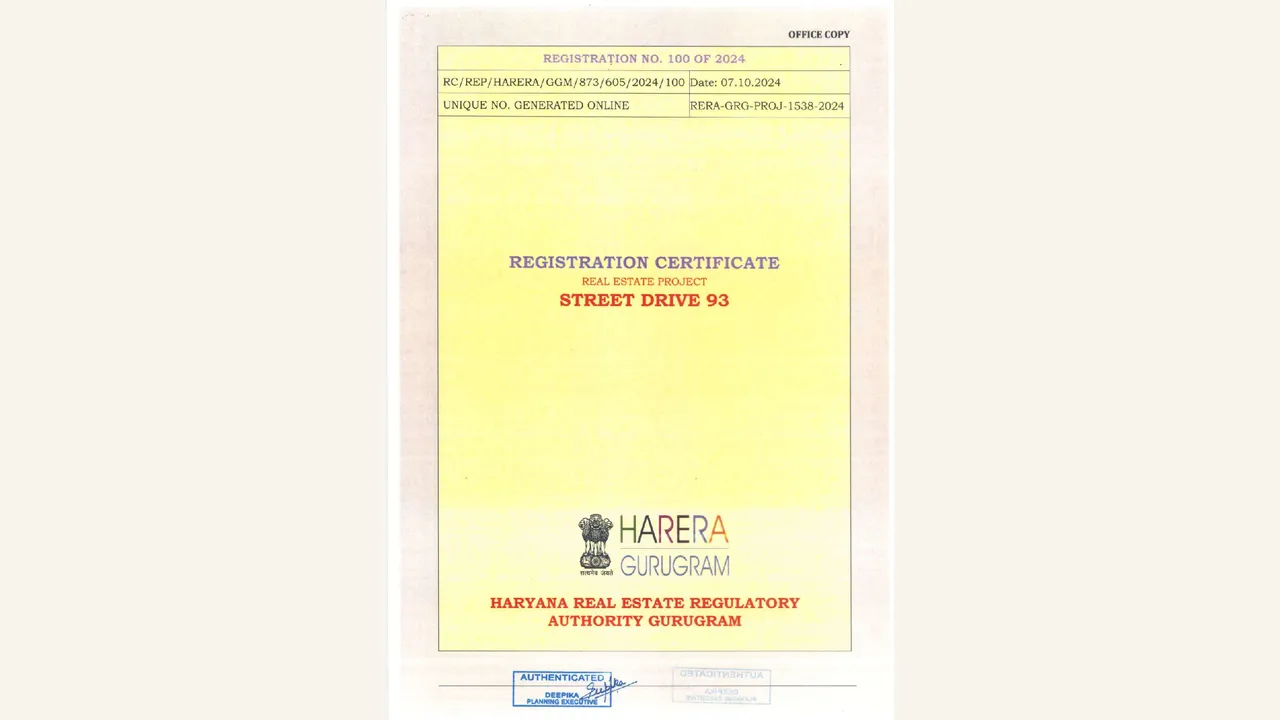 RERA registration certificate visually verified for STREET DRIVE-93