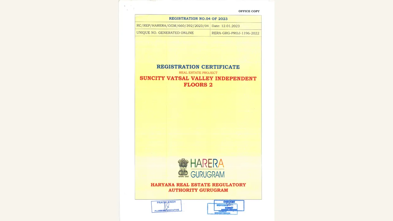 Registration certificate for Suncity Vatsal Valley Independent Floors 2