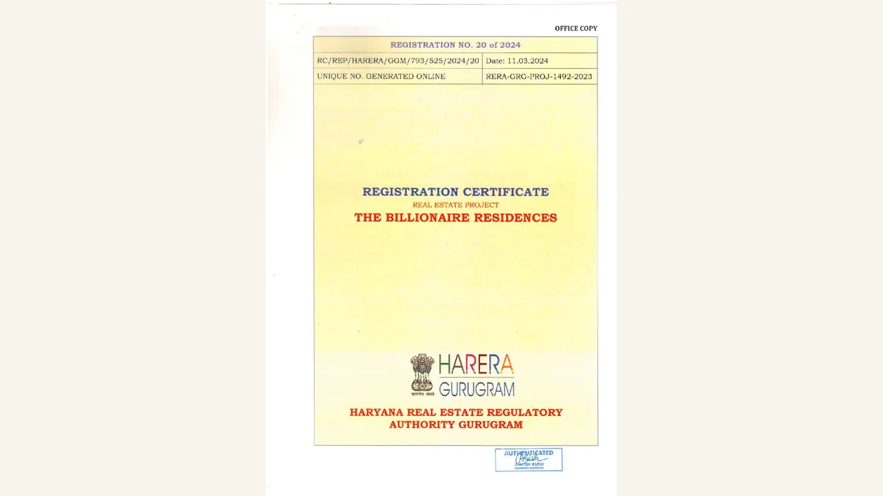 THE BILLIONAIRE RESIDENCES rera registration certificate shown in the completed visual audit