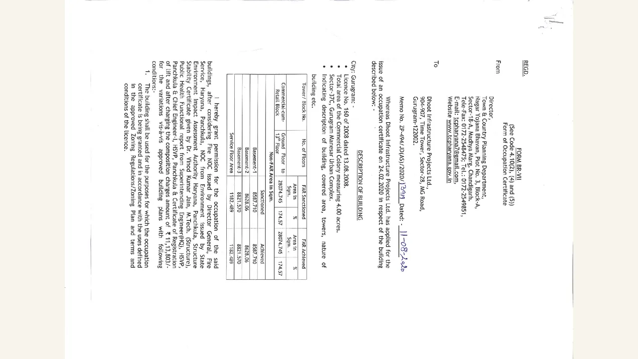 OCCUPATION CERTIFICATE for THE ESPLANADE MALL; GGM/578/310/2022/53; RERA-GRG-945-2021; DHOOT INFRASTRUCTURE PROJECTS LIMITED; Sector 37C, Gurugram