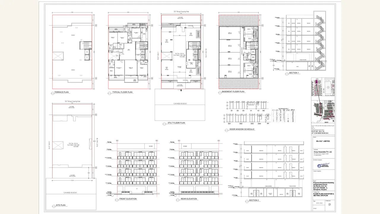 THE GROVE: Architectural drawing set 3 — floor plans, elevations and sections. Five rendered pages visibly show architectural floor plans, elevations and sections for THE GROVE; one sheet has a green rendering artifact but remains readable.
