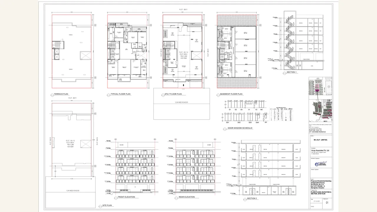 THE GROVE: Architectural drawing set 2 — floor plans, elevations and sections. Five rendered pages visibly show architectural floor plans, elevations and sections for THE GROVE.