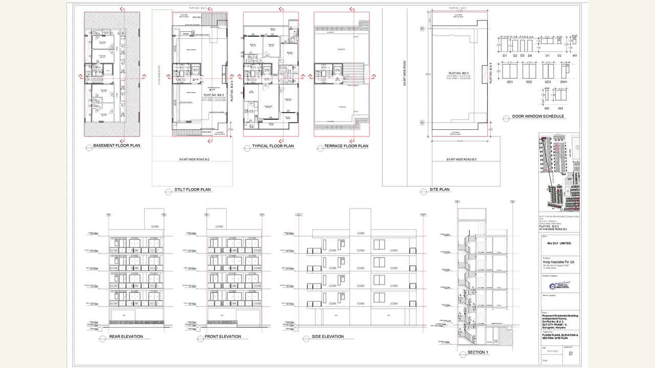 THE GROVE: Architectural drawing set 1 — floor plans, elevations and sections. Five rendered pages visibly show architectural floor plans, elevations and sections for THE GROVE.