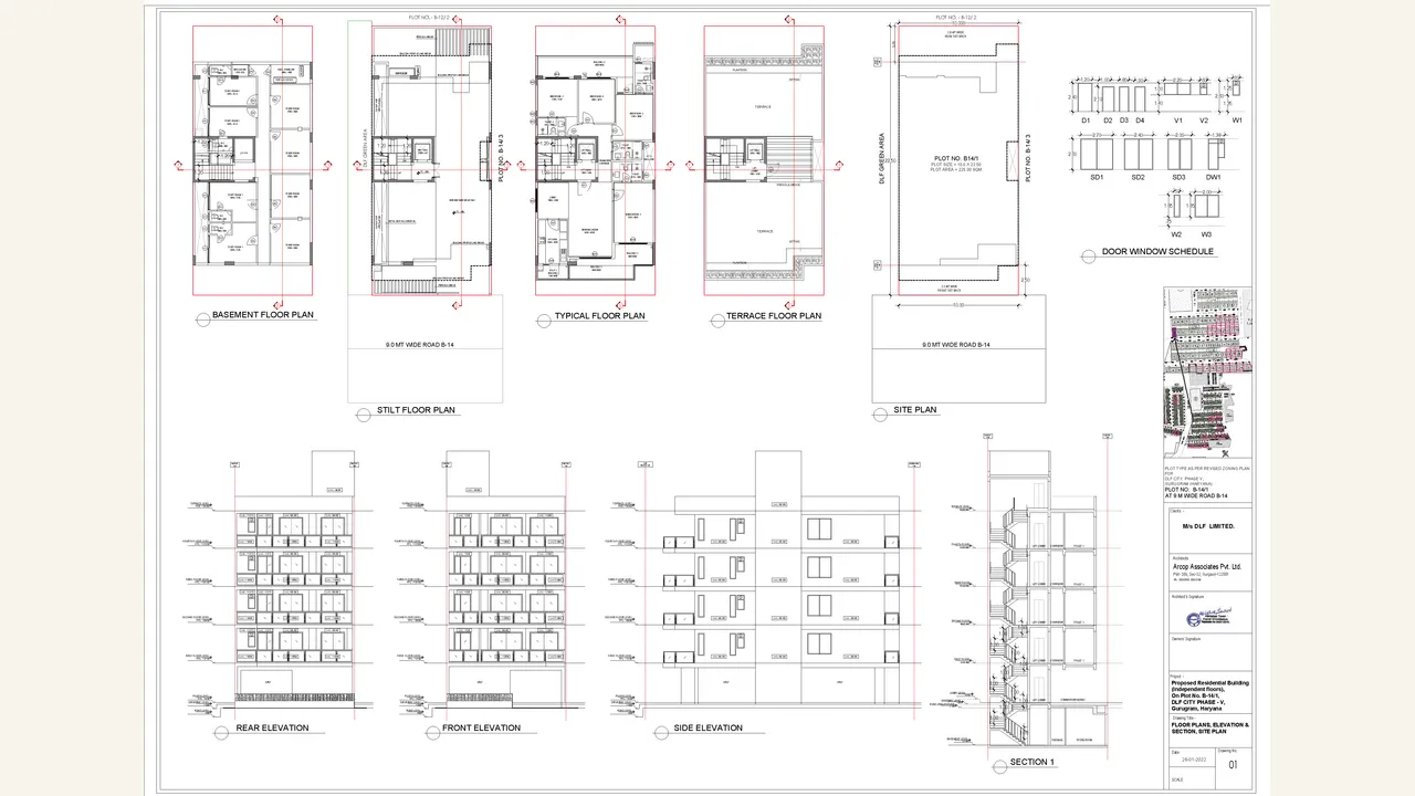 THE GROVE: Architectural drawing set 6 — floor plans, elevations and sections. Five rendered pages visibly show architectural floor plans, elevations and sections for THE GROVE.