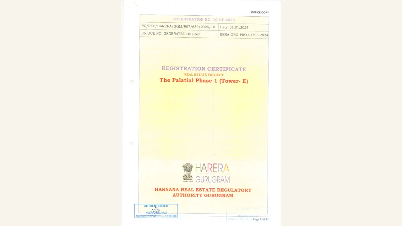 Haryana RERA Tower E registration certificate for The Palatial Phase 1