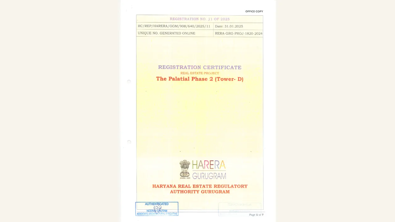 Haryana RERA Tower D registration certificate for The Palatial Phase 2