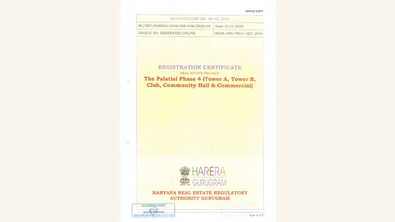 Haryana RERA Phase 4 registration certificate for The Palatial Phase 4