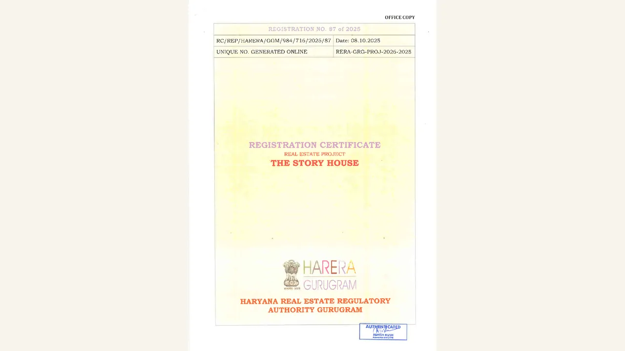 The rendered eight-page registration certificate visibly names THE STORY HOUSE, ARTTECH ELEGANT HOMES LLP, GGM/984/716/2025/87, Sector-89A Gurugram and the filed registration conditions.