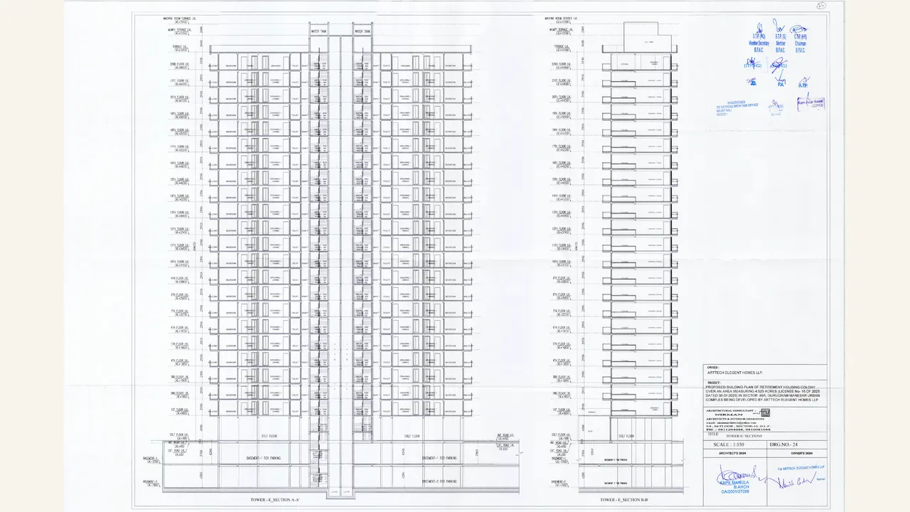one-page Tower E section-plan drawing with title block