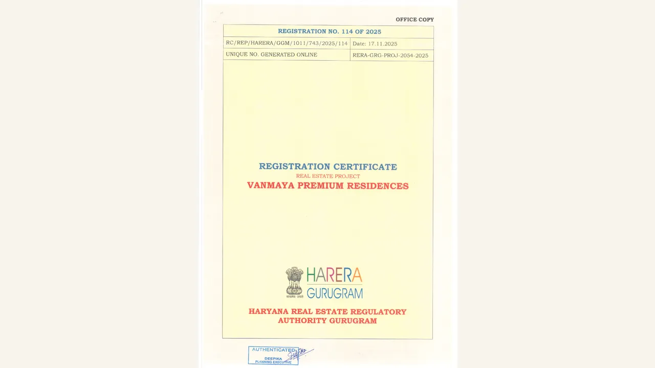 Haryana RERA registration certificate — visually reviewed for VANMAYA PREMIUM RESIDENCES. Source-reviewed for VANMAYA PREMIUM RESIDENCES.