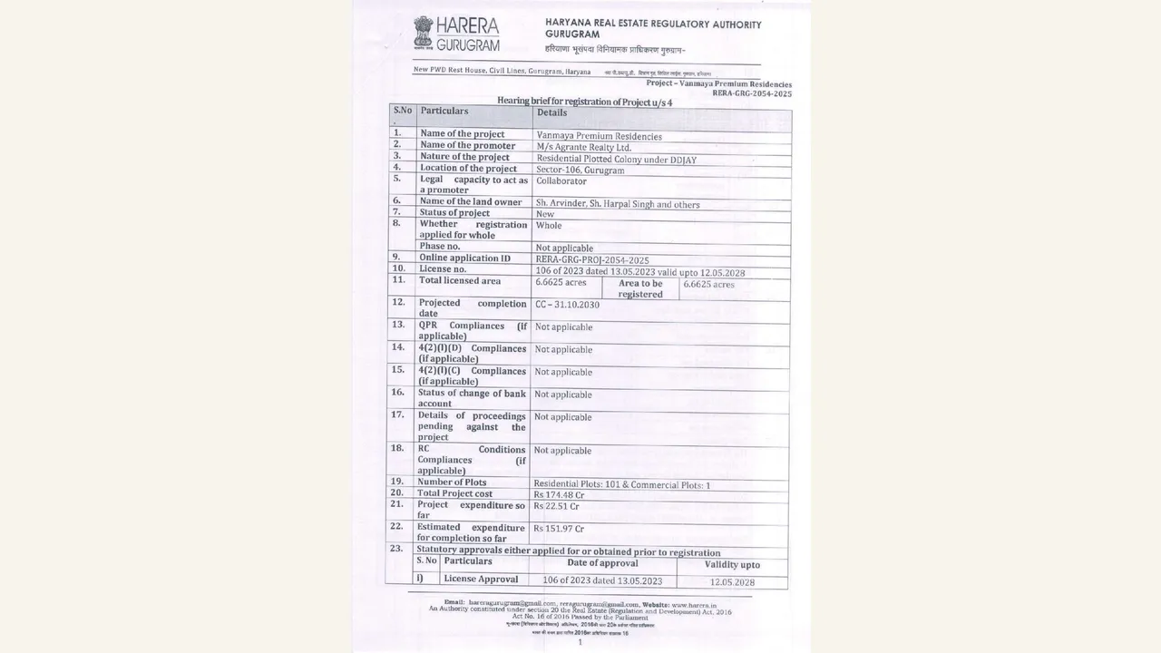 Haryana RERA order — visually reviewed for VANMAYA PREMIUM RESIDENCES. Source-reviewed for VANMAYA PREMIUM RESIDENCES.