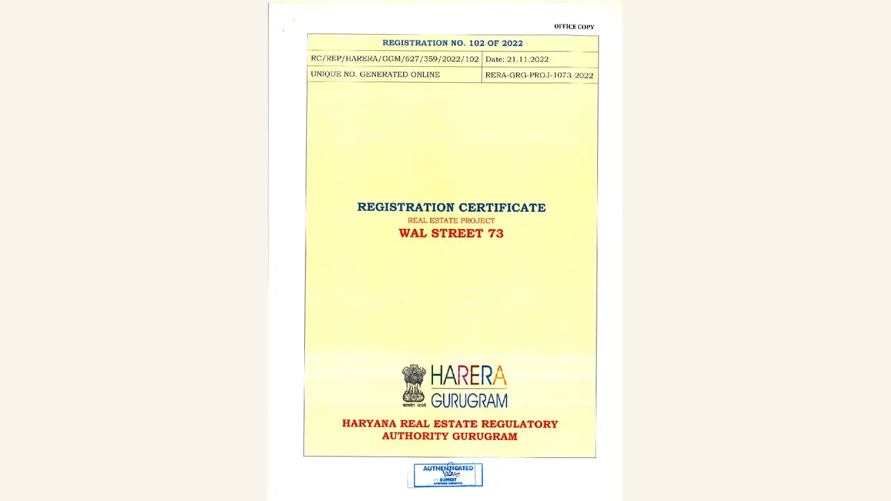 Registration certificate for WAL STREET 73