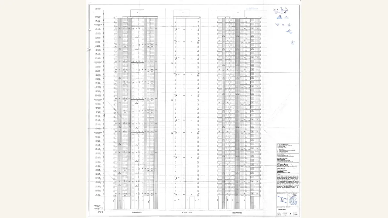 Registration-scope: Urban Resort Phase-2 Tower 1 elevation. Rendered 1-page HRERA filing labelled TOWER 1 ELEVATION; the packet is part of the Whiteland Corporation Urban Resort Phase-2 authority record and shows the corresponding legal/financial or technical-plan content.