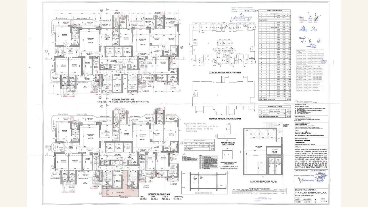 Registration-scope: Urban Resort Phase-2 Tower 1 typical-floor plan. Rendered 1-page HRERA filing labelled TOWER 1 TYPICAL FLOOR; the packet is part of the Whiteland Corporation Urban Resort Phase-2 authority record and shows the corresponding legal/financial or technical-plan content.